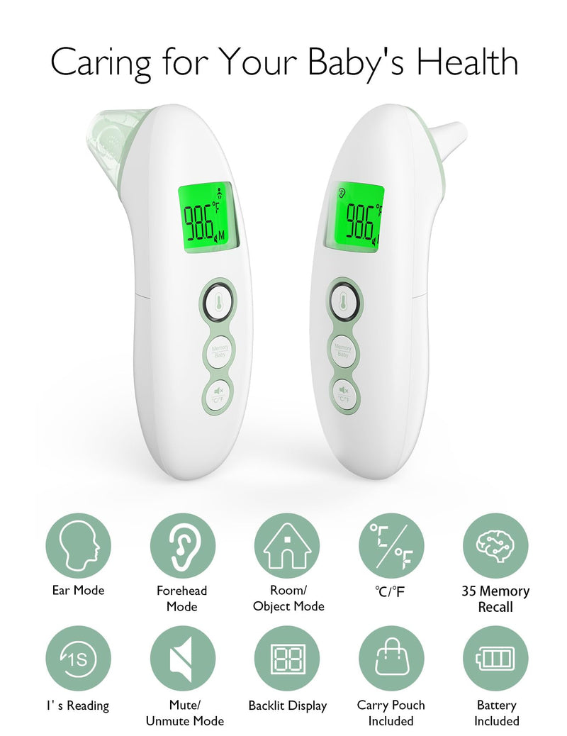[Australia] - Momcozy Non-Contact Forehead and Ear Thermometer, Digital Infrared Thermometer for Adults and Children, with Child Mode, Fever Alarm Function, Mute and Memory Functions, Fast and Accurate Measurement Green 