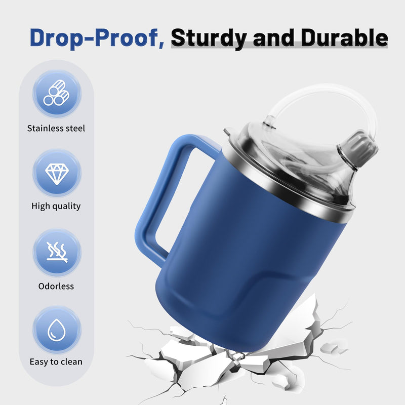 [Australia] - Adult Sippy Cup, 14oz Spill Proof Cup with Straw for Elderly, 3 in 1 Stainless Steel Sippy Cup with 2 Lids, No Spill Feeding Cups for Patient Disabled Maternity Drink Water Milk Soup - Blue 