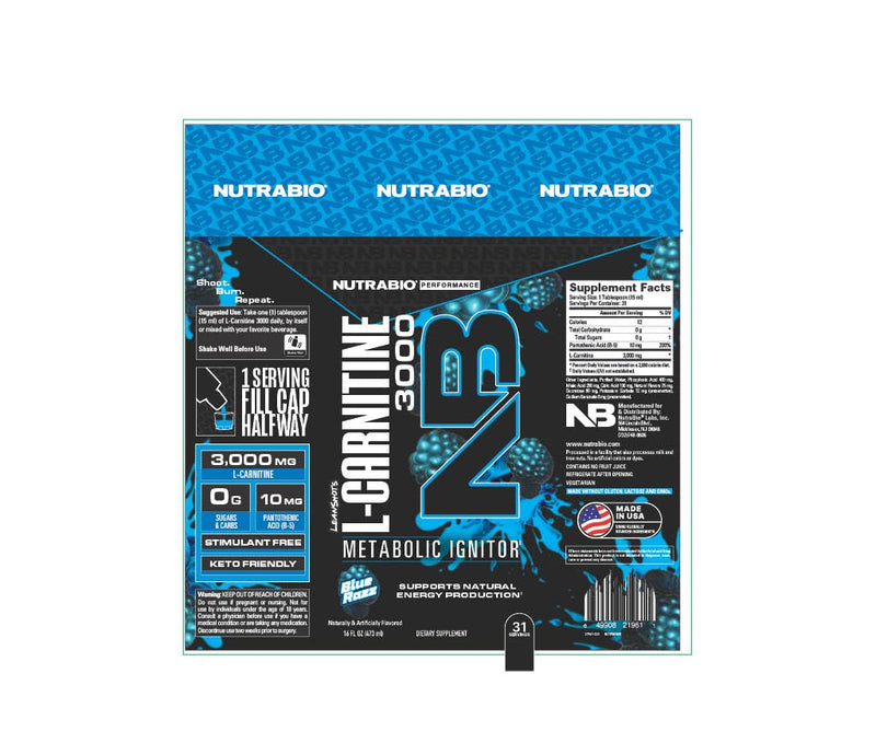 [Australia] - NutraBio – L-Carnitine Liquid Shots – 3000mg, (Blue Razz) – 10mg of Vitamin B-5 – Zero Carbs & Sugars – Energy Production – Muscle Recovery Blue Razz 