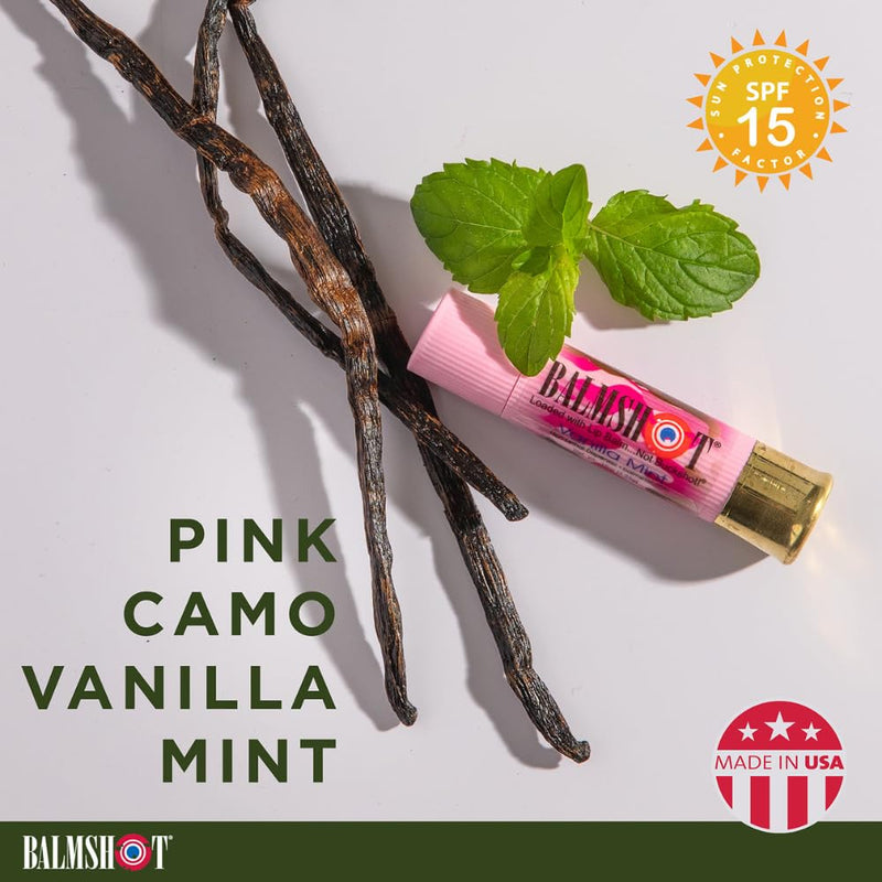 BALMSHOT Lip Balm 4-Pack - SPF 15 Beeswax Formula with Aloe & Vitamin E, PABA Free - Classic, Cool Mint, Vanilla Mint & Pink Camo Vanilla Mint - 20-Gauge Brass Tube - Made in USA