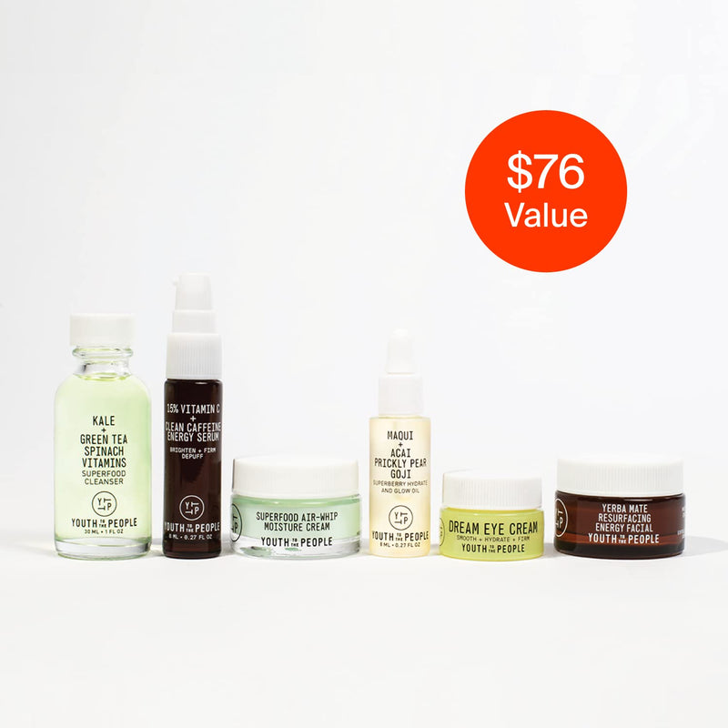 [Australia] - Youth To The People The Youth System - 6 Piece Set with Superfood Cleanser, Face Oil, Moisturizer, Vitamin C Serum, Eye Cream, Energy Facial - Vegan Skincare Kit 