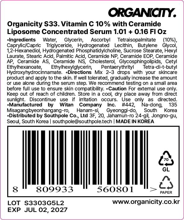 Vitamin C 10% Liposome Topical Cosmetic Serum 1.01 Fl Oz + 0.16 Fl Oz | with Ceramide for Skin Barrier and Brightening | Korean Skin Care | Fragrance-Free 1.17 Fl Oz (Pack of 1)