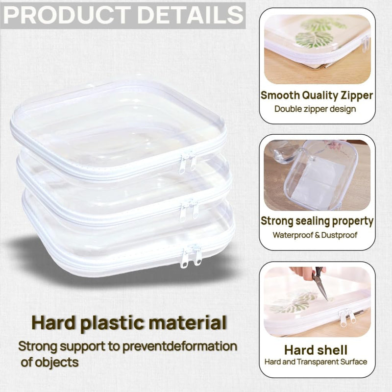 3PCS Clear Hard Plastic Zipper Case, Double Zippers Hard Pouch, Portable Travel Organizer Bin Clear Makeup Bag for Toy Storage, Snack Bag, Cosmetics, Diaper Bag, Toiletry Bag (3PCS-L) 3PCS-L