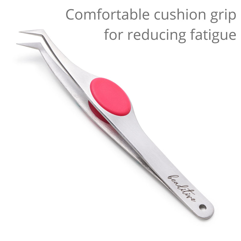 [Australia] - Beaditive High Precision Angled Tip Tweezers with Padded Handle - 4.7" Craft Tweezers for Sewing, Beading and DIY - Serrated Fine Angled Tips - Stainless Steel 