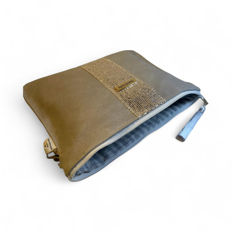 Handmade Gold & Beige Eco-Leather Cosmetic Bag | Quilted Accent with Metallic Detail | Elegant Makeup Pouch 10×8×0.5 in