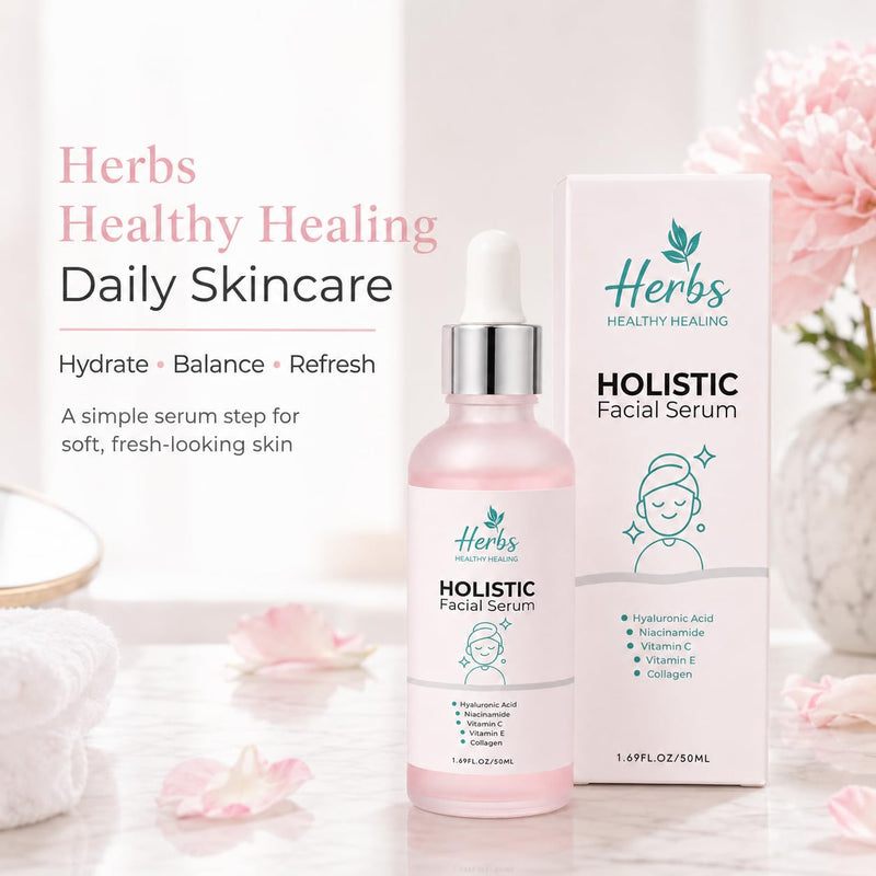 Herbs Healthy Healing Holistic Facial Serum for Face, Hydrating Face Serum with Hyaluronic Acid, Niacinamide, Vitamin C & E, Collagen, Lightweight Dropper Serum, 1.69 fl oz / 50 ml