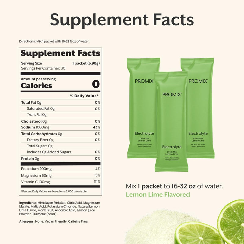 ProMix Nutrition Hydration Powder Packets, Lemon Lime - 30 Count | Electrolyte Hydration Powder for Fast Rehydration, Energy, Muscle Cramp Relief & Daily Hydration Wellness Support 0.18 Ounce (Pack of 30)
