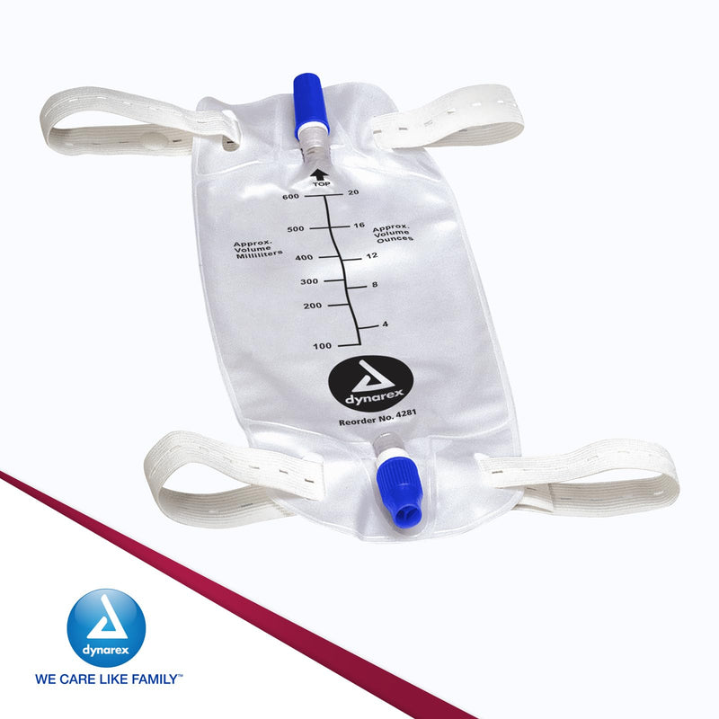 [Australia] - Dynarex Urinary Leg Bag, for Use with Catheter, has a Non-Drip Closure & Anti-Reflux Valve, 600 ml/20 oz Capacity, Medium, White, 1 Box of 12 Leg Bags 