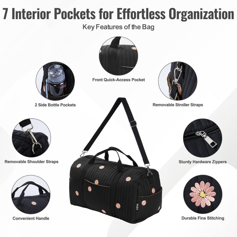 Women’s Travel Duffel Bag – Large Weekender & Overnight Travel Bag with Wet Pocket, Carry-On Friendly, Ideal as Hospital or Maternity Bag for Labor and Delivery Large - Black Flowers