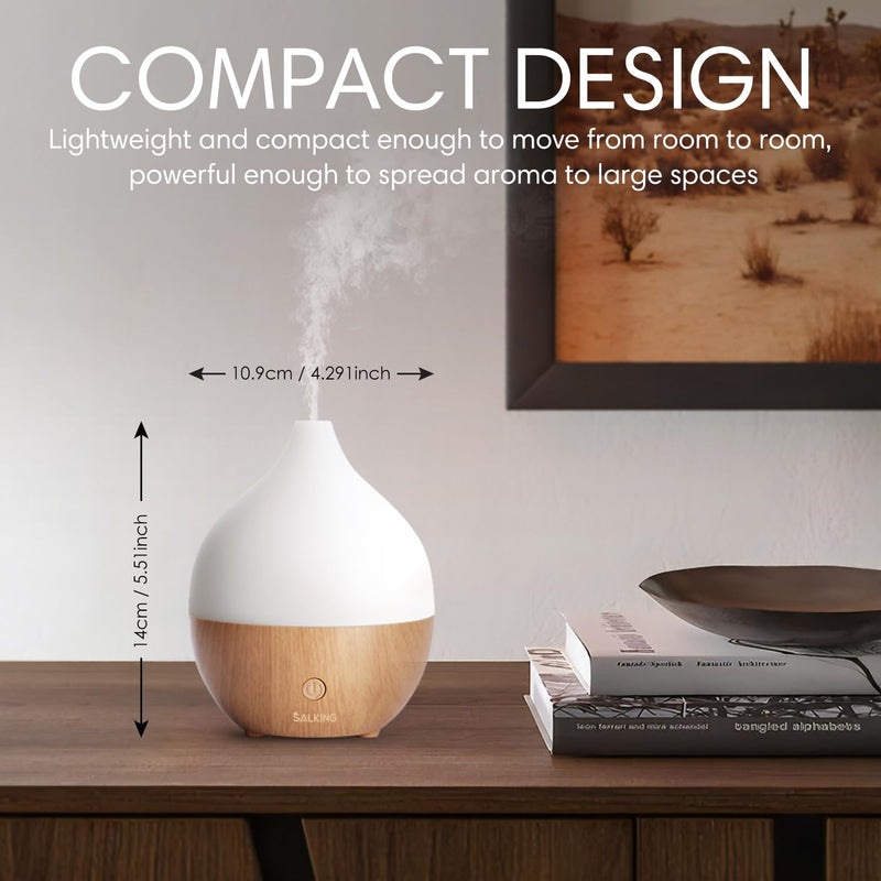 [Australia] - SALKING Essential Oil Diffuser, 100ml Small Aromatherapy Diffuser with Auto Shut-Off Function, Ultrasonic Diffusers for Essential Oils, Cool Mist Humidifier with Warm White Lights, for Office Home White + Wooden Grain 