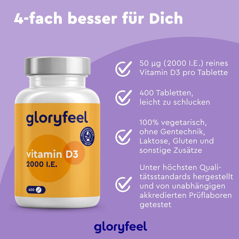 [Australia] - Vitamin D3 2000 IU - 400 tablets (long-term supply) high dosage - The sunshine vitamin for the immune system & bones* - 100% pure cholecalciferol - Laboratory tested & made in Germany without additives 