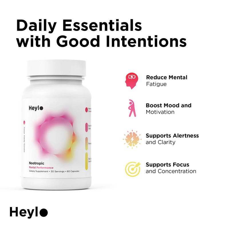 Heylo Nootropic Brain Supplement for Focus, Energy, and Memory | Cognizin® Citicoline, L-Theanine, PurCaf® Caffeine, Phosphatidylserine, B6 | 60 Capsules – Clean, Plant-Based Cognitive Support
