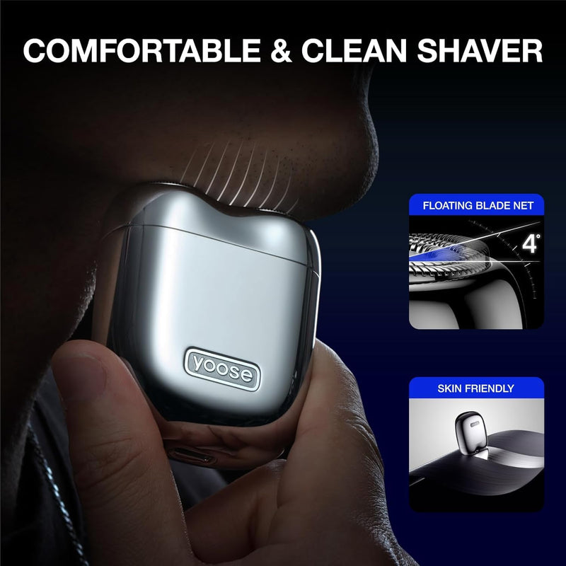 [Australia] - yoose MINI men's electric shaver, men's electric shaver made of alloy, IPX7 waterproof electric shaver for men with 8000rpm motor, Type-C cable and magnetic shaving head, silver 