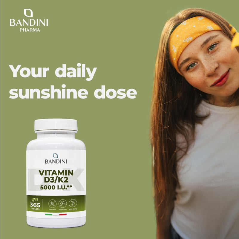 Bandini® Vitamin D3 K2 | 365 Easy-to-Swallow Tablets | 5000 IU Vitamine D 3 + 100 mcg Vitamin K2 MK-7 99% All Trans | For Bones, Teeth, Muscles, Joints & Immune System | High Strength Vegan Supplement