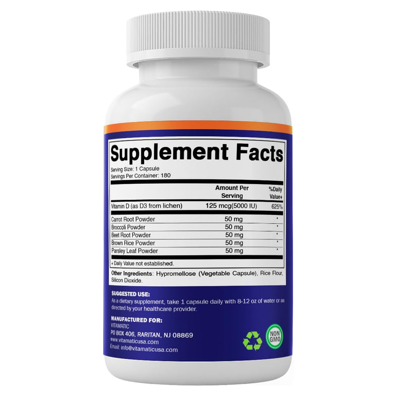 Vitamatic Vegan Vitamin D3 5000 IU | Plant Based Vitamin D from Lichen | Made with Carrot, Beet, Broccoli, Brown Rice & Parsley | 180 Capsules | Non-GMO, Gluten-Free | Made in USA