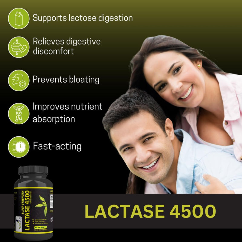 Digestive Enzyme Supplements - 90 Lactase Tablets - Vegan Daily Cleanse Lactose Intolerance Tablets to Help Digest Milk & Dairy - Chewable Digestion Supplement by NutriZing 90 count (Pack of 1)