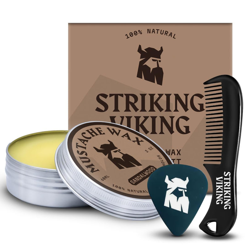 [Australia] - Striking Viking Mustache Wax and Comb Kit - Beard and Mustache Wax for Men with Strong Hold Natural Beeswax - Helps Tame, Style, and Groom (2 oz) (Sandalwood) Sandalwood 