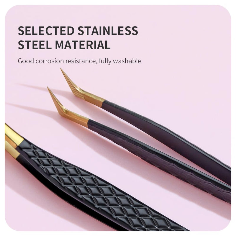 Lash Tweezers for Eyelash Extensions,Precision Fiber Tip for Volume Eyelash Extension,Lash Extension Tweezers for Easy Application and Removal (Black, 5PCS-01) Black