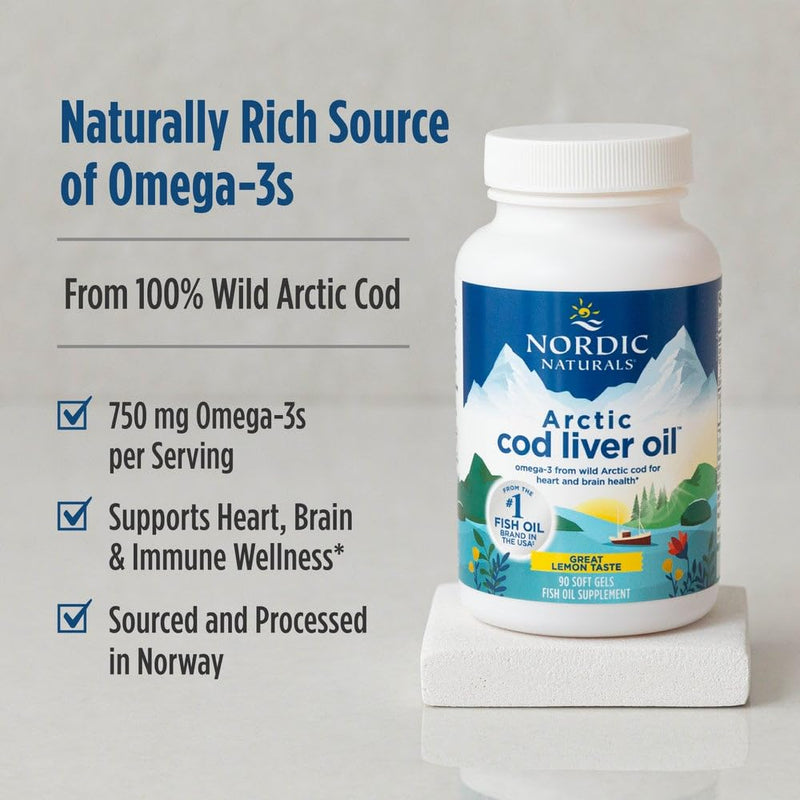 [Australia] - Nordic Naturals Arctic Cod Liver Oil, Lemon - 180 Soft Gels - 750 mg Total Omega-3s with EPA & DHA - Heart & Brain Health, Healthy Immunity, Overall Wellness - Non-GMO - 60 Servings 180 Count (Pack of 1) 