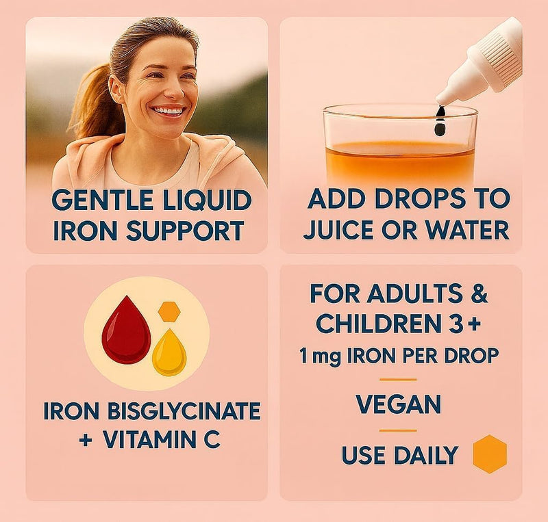 Iron Drops - Gentle, High Strength Liquid Supplement - Iron Deficiency & Anaemia Support - Integrated Dropper Cap - Ferrous Bisglycinate + Vitamin C - Vegan - 30 ml