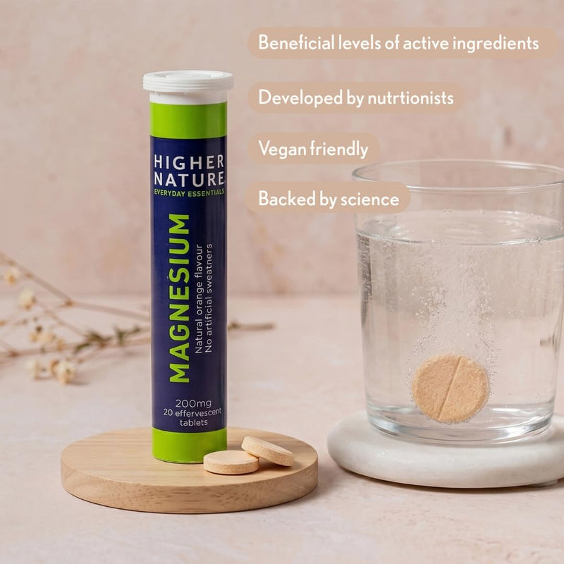 Higher Nature Magnesium Effervescent Tablets - 200mg Effervescent Supplement - Natural Orange Flavour - No Artificial Sweeteners - 60 Magnesium Tablets (Pack of 3 x 20) 20 count (Pack of 3)