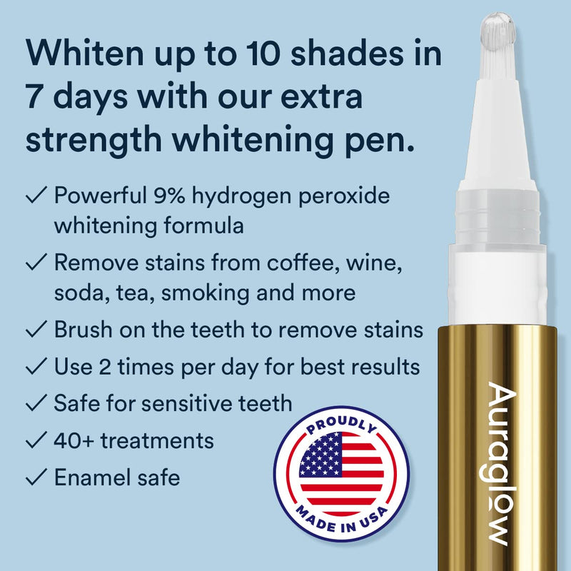 [Australia] - Auraglow Extra Strength Teeth Whitening Pen, 9% Hydrogen Peroxide, 40+ Whitening Treatments, Whitens Teeth Fast, No Sensitivity, 4mL Extra Strength Whitening Pen 