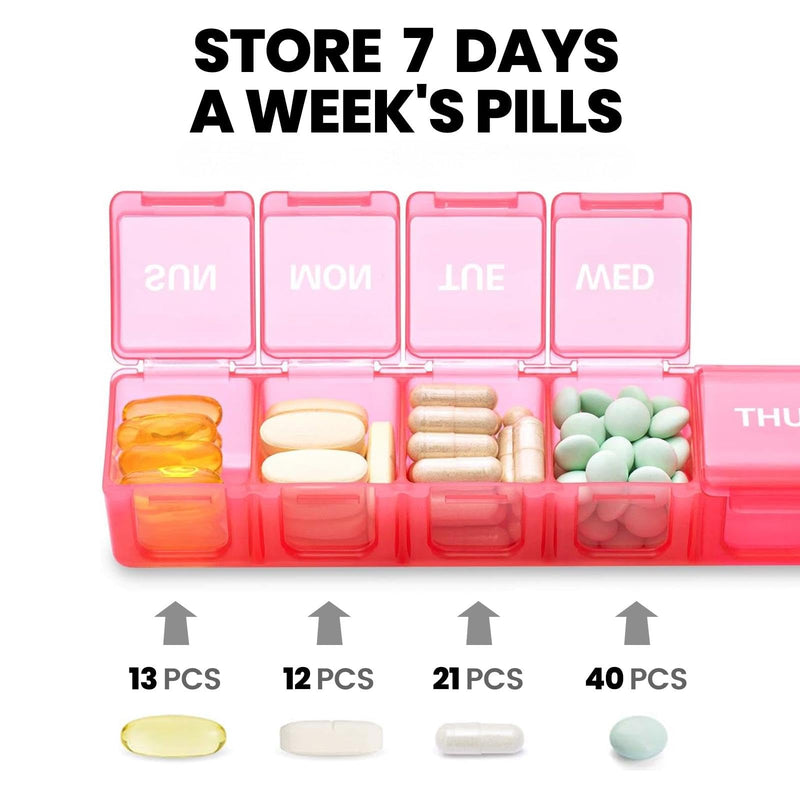Sukuos Extra Large Weekly Pill Organizer 2 Pcs, Daily Pill Box 7 Day Medicine Cases for Vitamin, Fish Oils or Supplements, Easy to Clean (Black&Pink) Black & Pink