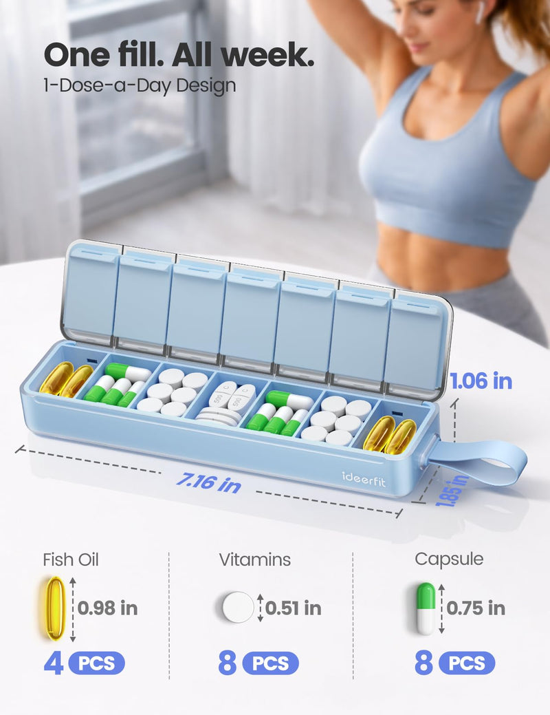 Medicine Pill Organizer, 7 Day Pill Case Travel, 1 Time a Day Weekly Pill Box, Metal Medication Container, Moisture-Proof Dosey Box Daily Dry for Vitamin Supplement Dispenser Storage Holder Metallic Silver & Blue
