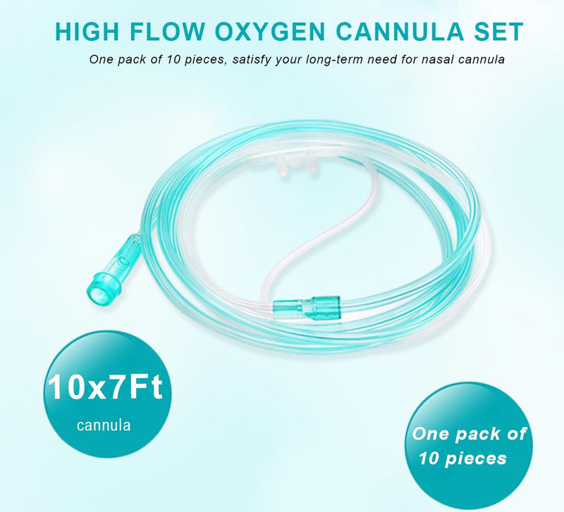 [Australia] - 10 Pack High-Flow Ultra Soft Nasal Oxygen Cannula, Green Tubing and Each Individual Packing with Standard Connection 7 Ft 