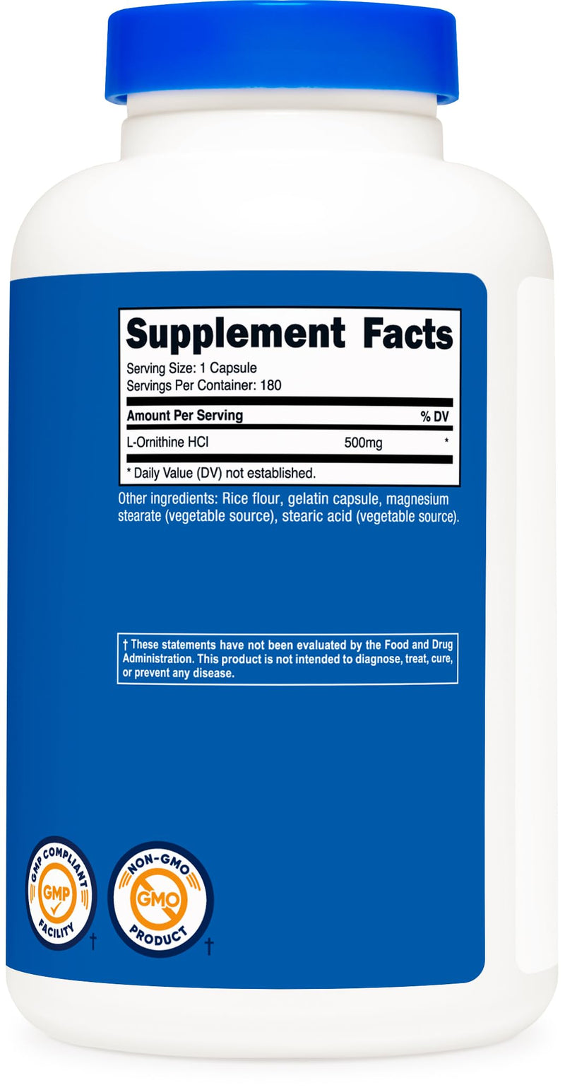 [Australia] - Nutricost L-Ornithine 500mg, 180 Capsules - Non-GMO and Gluten Free 180 Count (Pack of 1) 