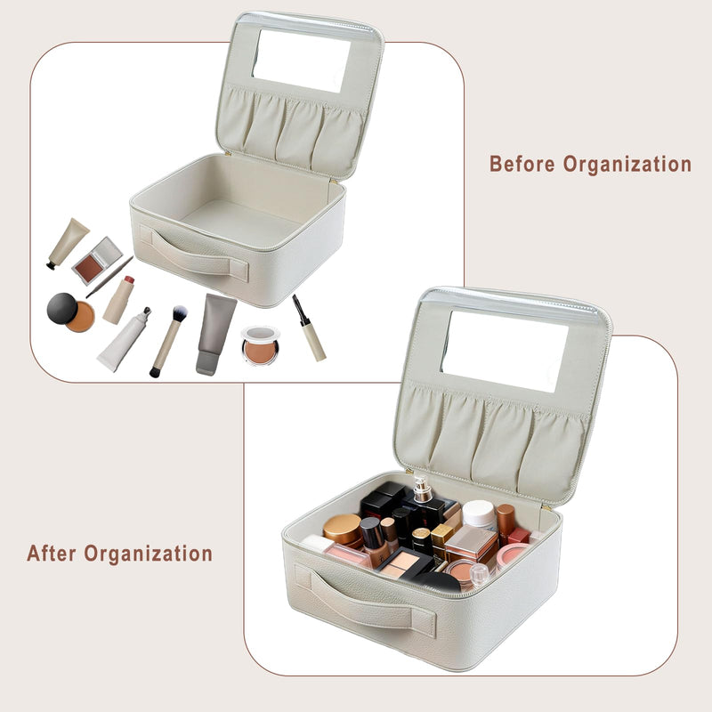 Hard Shell Makeup Brush Case with Mirror Travel Cosmetic Organizer | Dust-Proof Protection,Large Capacity Storage,Sturdy & Portable ,Professional-Grade Design Beige