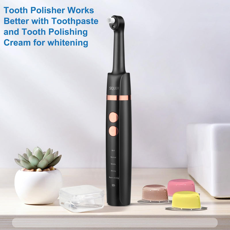 [Australia] - Tooth Polisher - SIQUER Plaque Remover for Teeth Whitening Dental Tools Electric Tartar Polishing Teeth Cleaning Kit with LED Light 5 Speed Modes with 5 Replacement Brush Heads (Black) Black 