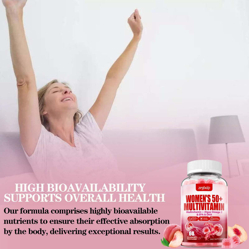 Womens Multivitamin 50 Plus Gummies - Methylated Multivitamins Gummy | with Vitamin A C D3 E K2, B Complex, Calcium, Magnesium, Zinc, Folate, Biotin - Multi Vitamins & Minerals - Sugar-Free Peach 60 Count (Pack of 1)