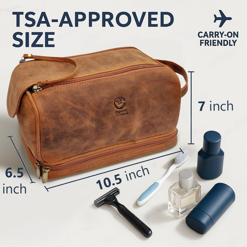 Leather Toiletry Bag for Men - Travel Shaving Dopp Kit - Bathroom Shower Toiletries Organizer - Cosmetic Make up Bag for Women | 2 Compartments, YKK Zipper, Fits Carry-Ons; Gifts for Father, Husband; Cologne Organizer, Shaving Bag, Water Resistant Lining