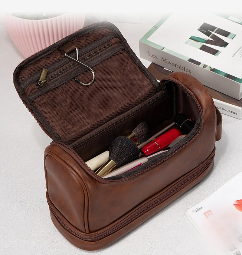 Toiletry Bag for Men Leather Travel Organizer Shaving Dopp Kit with hanging hook, Large Water-resistant Toiletries Bathroom Shaving Bags for Women redbrown