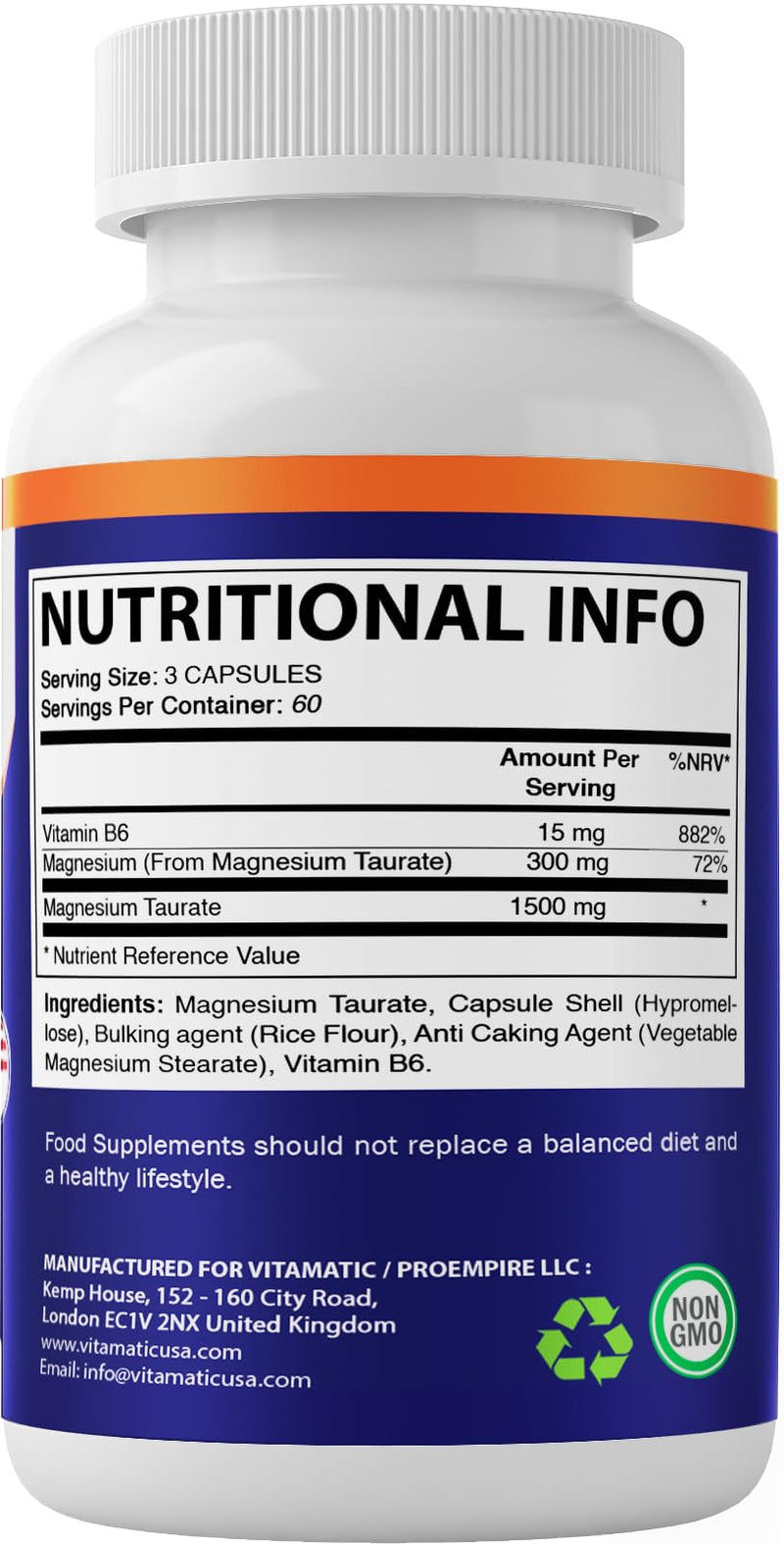 Vitamatic Magnesium Taurate 1500mg per Serving - 180 Vegetarian Capsules (Provides 300 mg of Elemental Magnesium) - Added B6 for Maximum Absorption - Supports Muscle, Joint, and Heart Health*