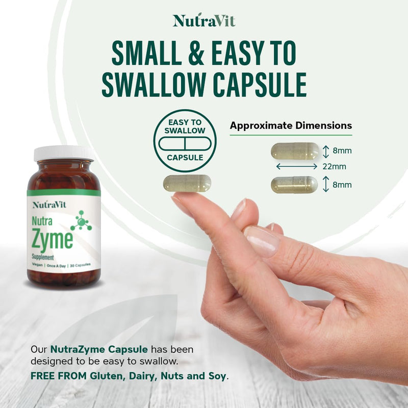 NutraZyme - Digestive Enzyme Complex - 13 Broad Spectrum Enzymes Including Amylase, Protease, Lipase & Bromelain, with Lactase for Lactose Intolerance - NutraVit, 30 Capsules