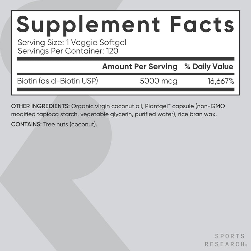 [Australia] - Sports Research Vegan Biotin 5000mcg with Organic Coconut Oil - Extra Strength Biotin Vitamin B7 for Healthier Hair & Skin + Keratin Support - Non-GMO & Gluten Free, 120 Softgels (4 Month Supply) 120 Count (Pack of 1) 