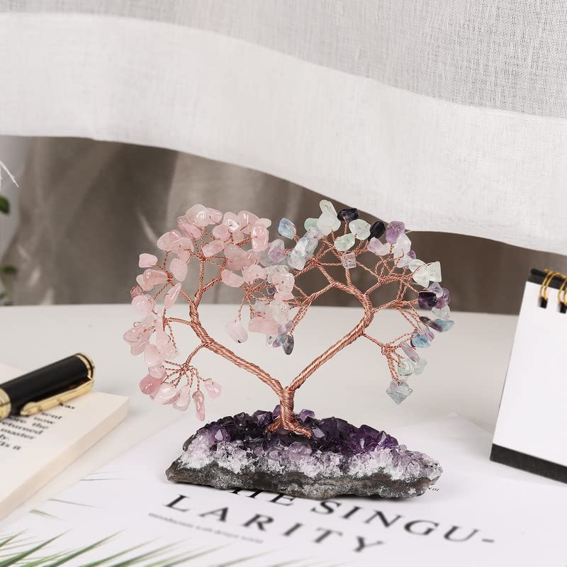 Handmade Crystal Heart Tree of Life on Amethyst Cluster Base Money Stone Tree for Wedding Reiki Healing Energy Home Office Indoor Decor, Rose Quartz and Fluorite #1- Rose Quartz & Fluorite