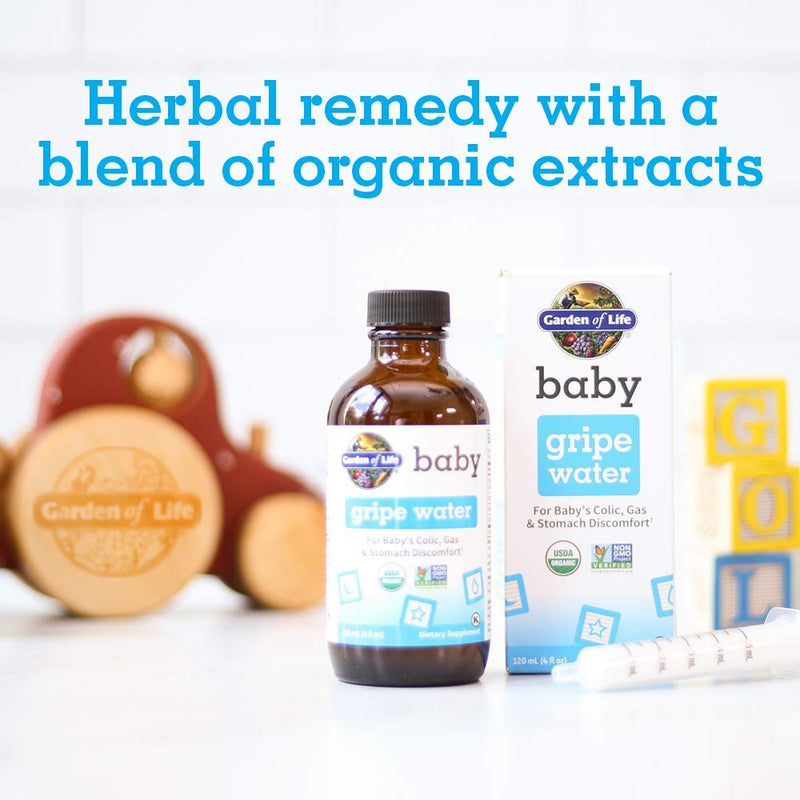 [Australia] - Garden of Life Baby Organic Gripe Water for Infants & Babies Nighttime or Daytime Colic, Gas & Stomach Discomfort, Herbal Remedy for Newborn Baby with Chamomile, Lemon Balm & Ginger - 4 fl oz Liquid 