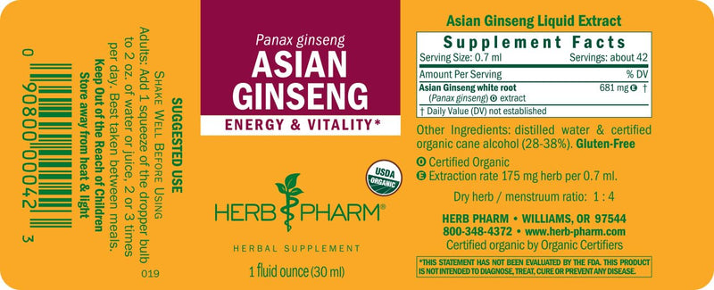 Herb Pharm Certified Organic Asian Ginseng Liquid Herbal Extract 30ml | Traditionally Used for Promoting Energy & Vitality, Supporting Focus & Cognitive Function | Adaptogenic Herbal Food Supplement