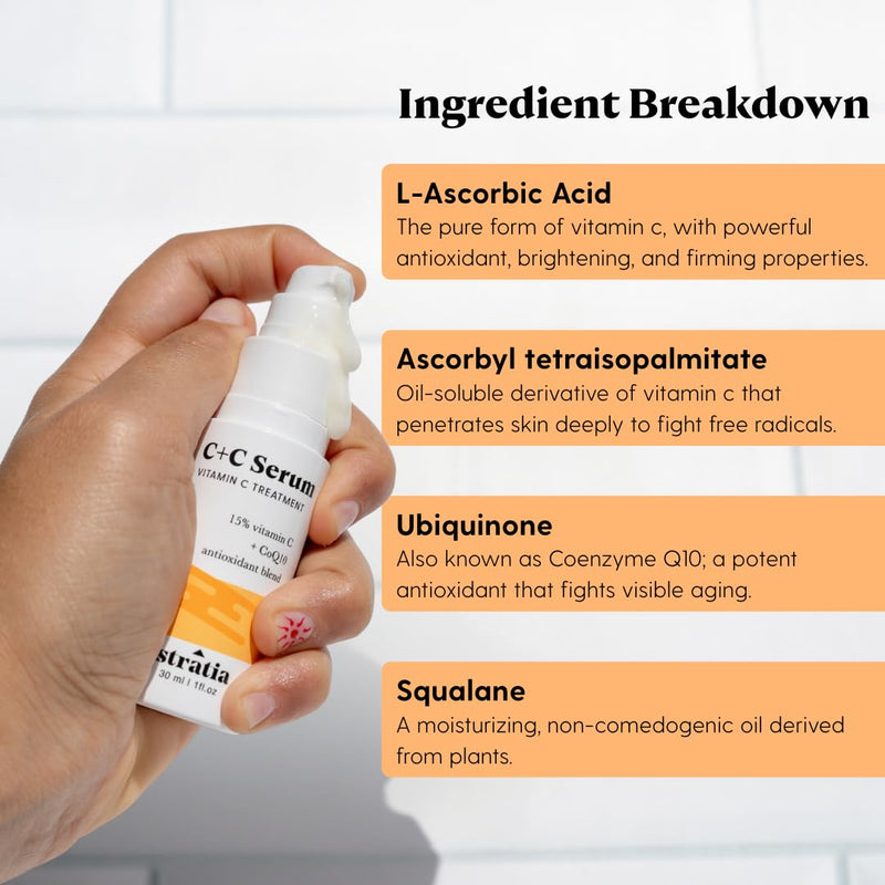 Stratia C+C Vitamin C Serum – 15% Potent Formula with 10% L-Ascorbic Acid for Bright, Even-Toned Skin - Non-Irritating, Water-Free Antioxidant Face Cream, 1 Fl Oz