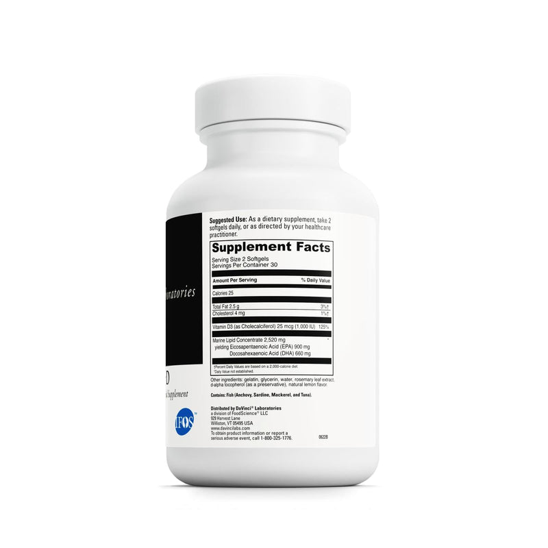 DAVINCI Labs Omega 3 HP-D - Dietary Supplement to Support Immune System, Healthy Joints and Cardiovascular and Skin Health* - with Vitamin D3 and More - Gluten-Free - 60 Softgels