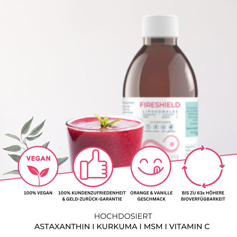 [Australia] - Mighty Elements Liposomal Fireshield 4 in 1, Astaxanthin 8 mg, Curcumin 100 mg, MSM 500 mg, Vitamin C 500 mg, Orange / Vanilla Flavor, Vegan, Gluten Free, High Bioavailability 250ml 
