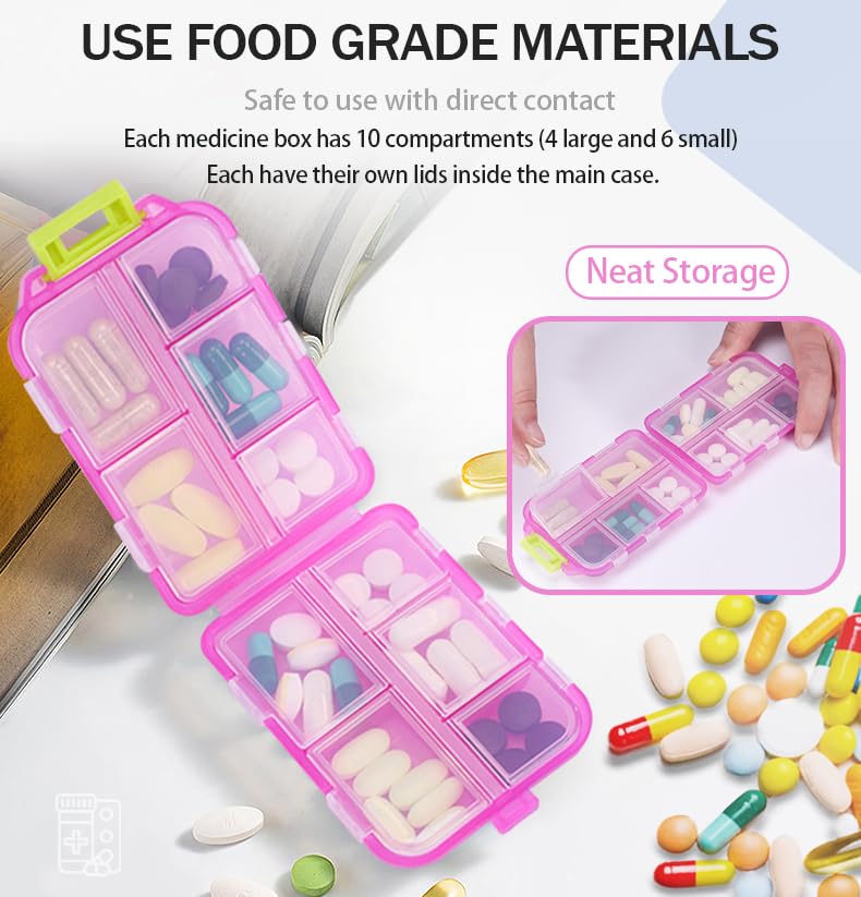 4PCS Travel Pill Organizer Portable Pocket Pill Case Small Pill Box for Purse Medicine Organizer Have 10 Compartments Storage Vitamin Fish Oil by INVODA (4 Pack+Lables) 4 Pack+lables