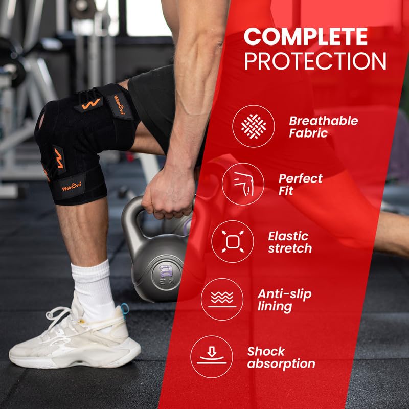Welnove Professional Knee Brace Support with Pads & Side Stabilizers for Pain Relief, Adjustable Compression for Meniscus Tear, Arthritis, MCL - Ideal for Running, Working Out, and Sports（Medium） Medium Orange