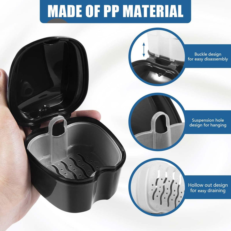 2 Pack Denture Bath Case Cup Box Holder Storage Container with Denture Cleaner Brush Strainer Basket for Travel Cleaning (White and Black) White and Black