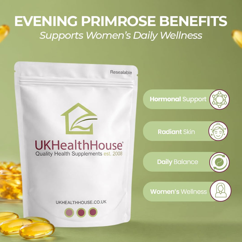 UKHealthHouse Evening Primrose Oil – EPO Capsules, 1000mg x 180 Softgels – High Strength Omega 6 GLA Content – Great for Skin, Immune System, Hormonal Pain, Hot Flushes & Women’s Health 180 count (Pack of 1)