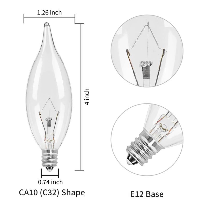 [Australia] - 12-Pack E12 Candle Light Bulbs 40W Warm White 2500K, 380 Lumen Dimmable Chandelier Light Bulbs for Ceiling Fan, Pendants or Outdoor, CA10 Clear Candelabra Base Bulbs 40W-12Pack 