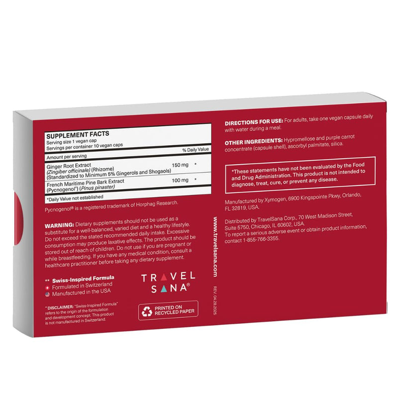 [Australia] - Long-Haul Circulation Relieves Leg Discomfort, Reduces Swollen Feet, Legs, Ankles from Prolonged Sitting, Travel Essentials, Pycnogenol 100mg, Ginger Extract, 10 Servings (Veg Caps) 10 Count (Pack of 1) 